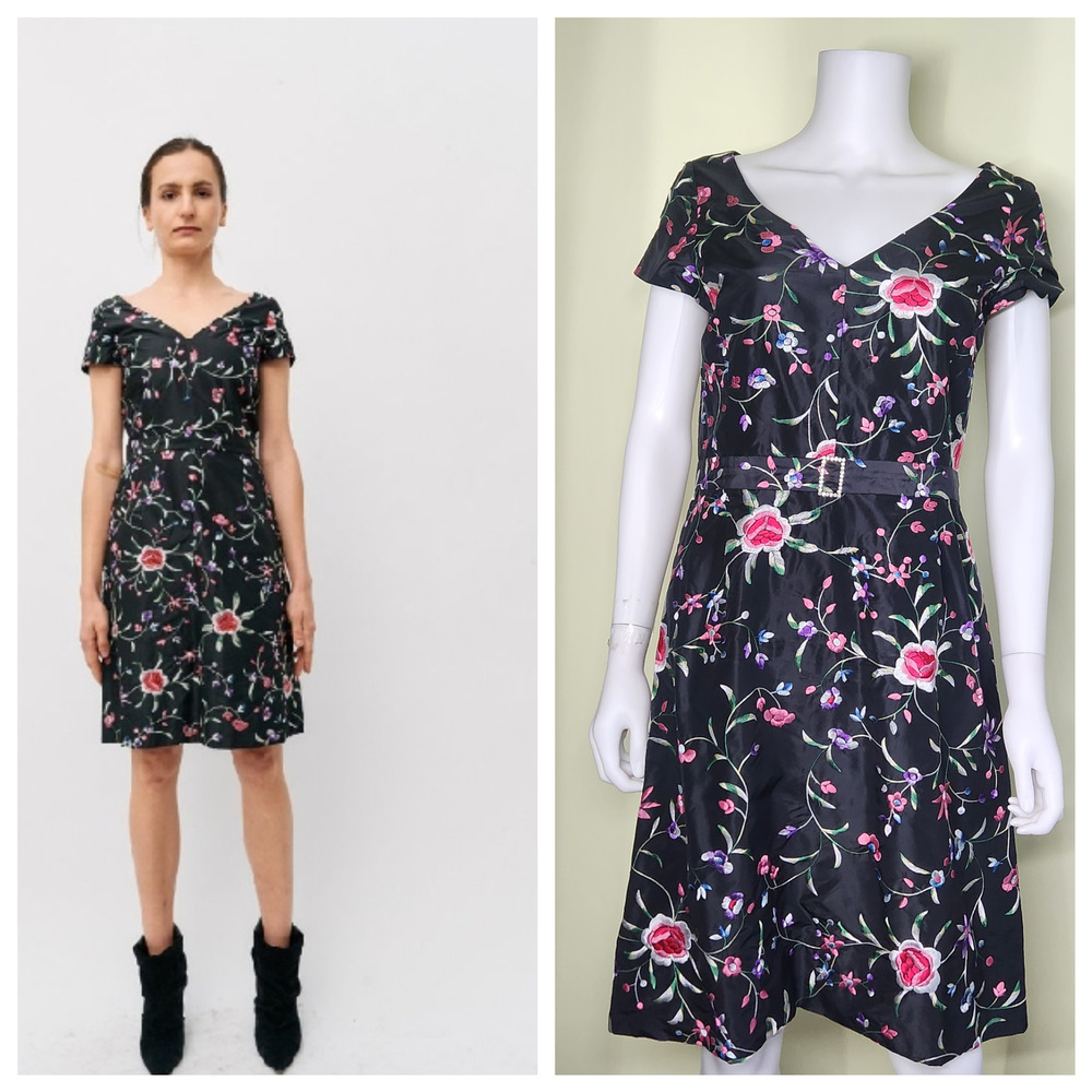 Fiori Di Zucca Silk A-Line Dress Size 6 Garden Floral Rhinestone Belt Luxe